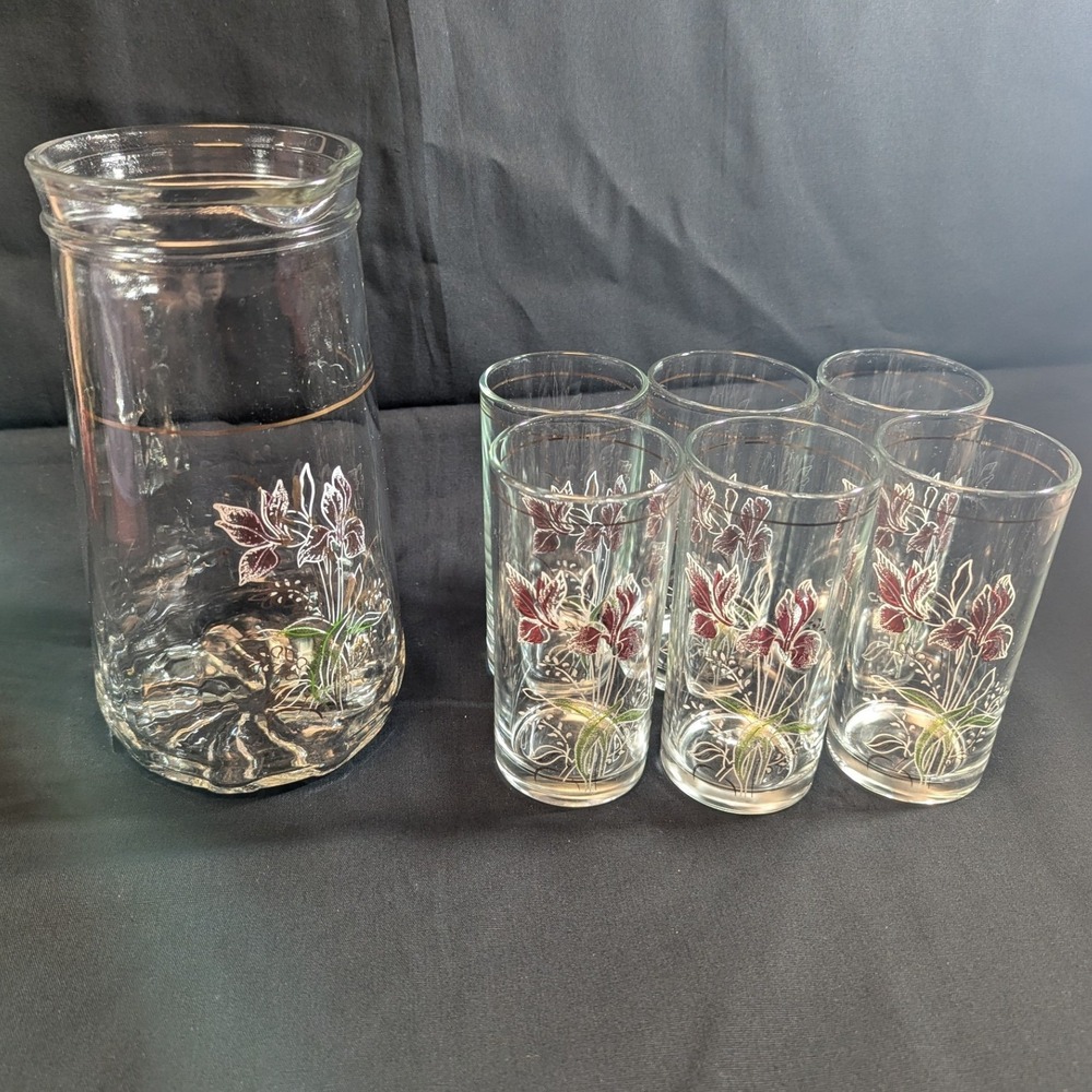 Vintage Italian Glass Pitcher‎ Set Purple Iris Floral Gold Trim 7 Piece Set